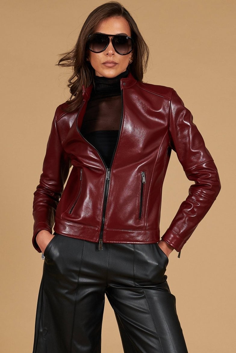 Fitted Red Leather Jacket with Black Turtleneck and Wide Pants Fitted Red Leather Jacket with Black Turtleneck and Wide Pants — Aesthetic Red Leather Jacket Outfit