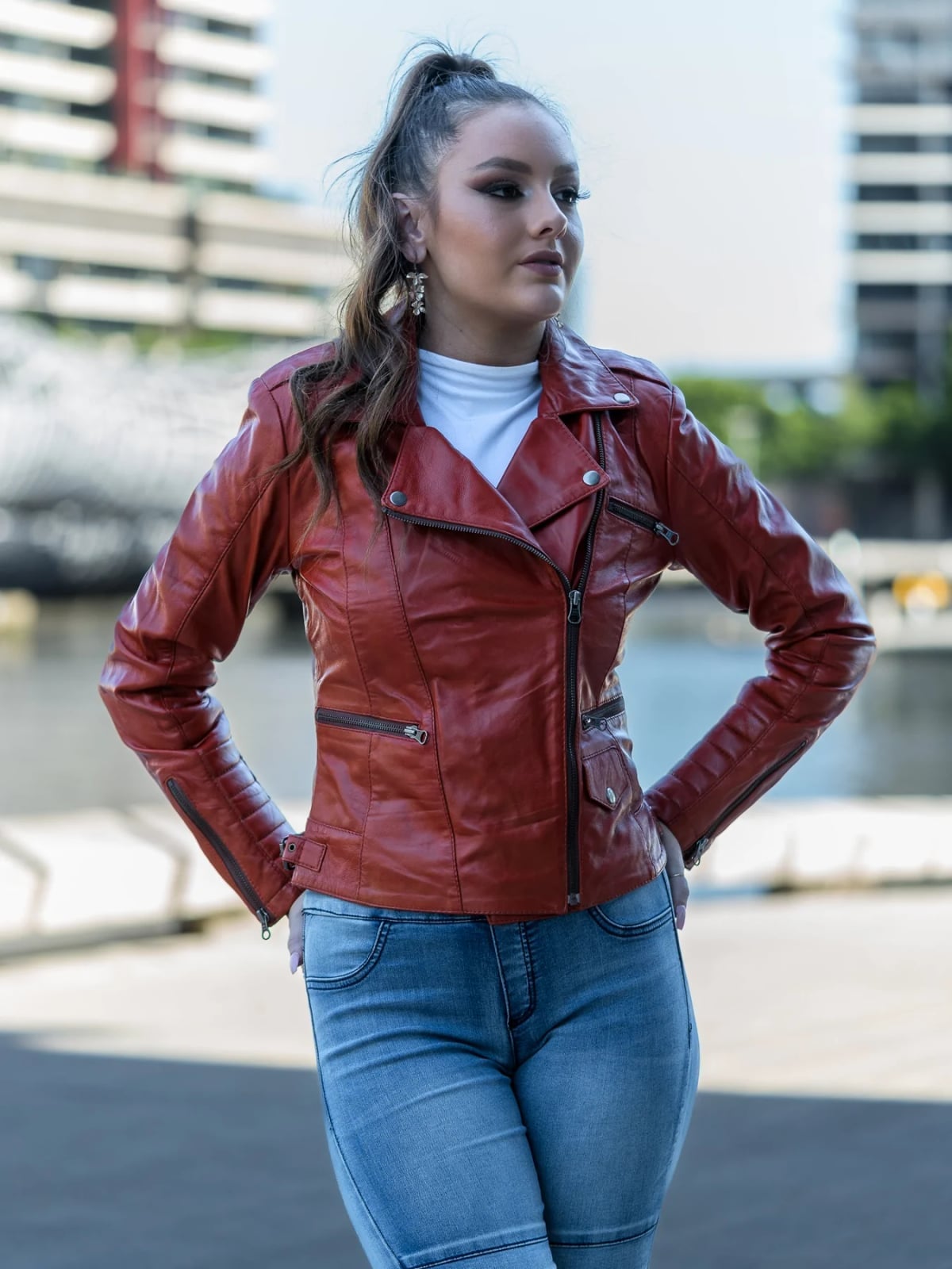Red Leather Moto Jacket with Skinny Jeans Red Leather Moto Jacket with Skinny Jeans — Aesthetic Red Leather Jacket Outfit