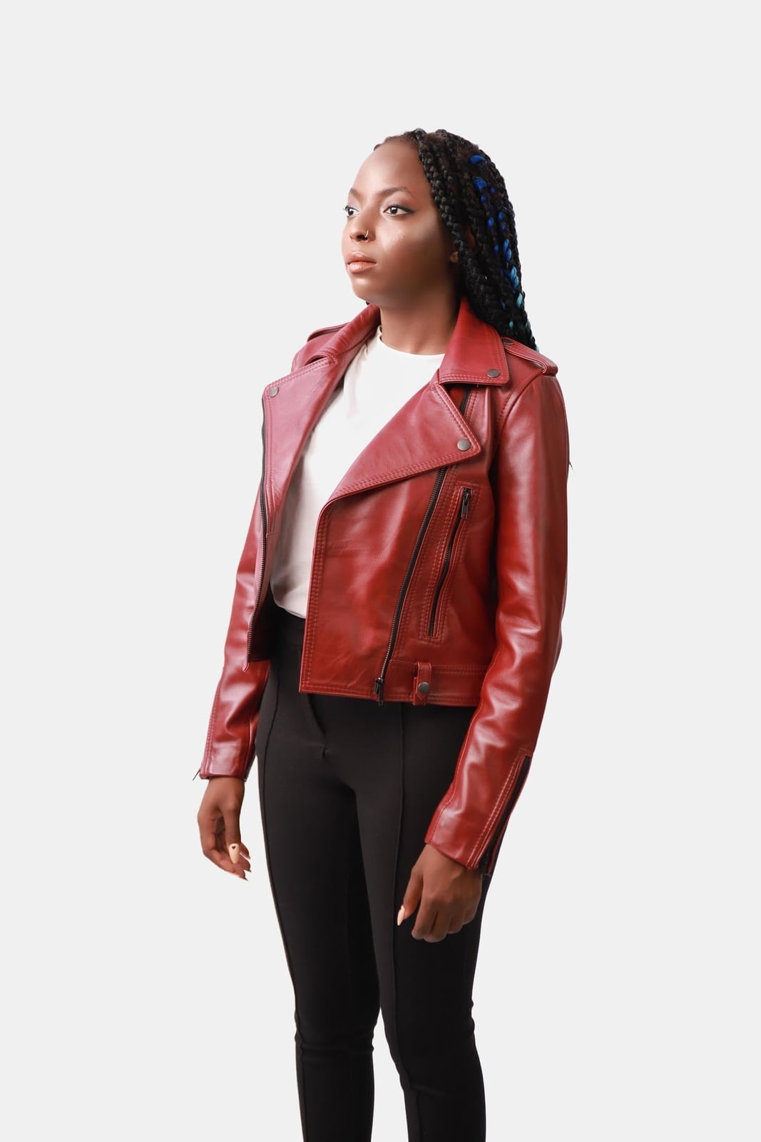 Fitted Red Leather Biker Jacket with Slim Black Pants, Close-Up Take Fitted Red Leather Biker Jacket with Slim Black Pants, Close-Up Take — Aesthetic Red Leather Jacket Outfit