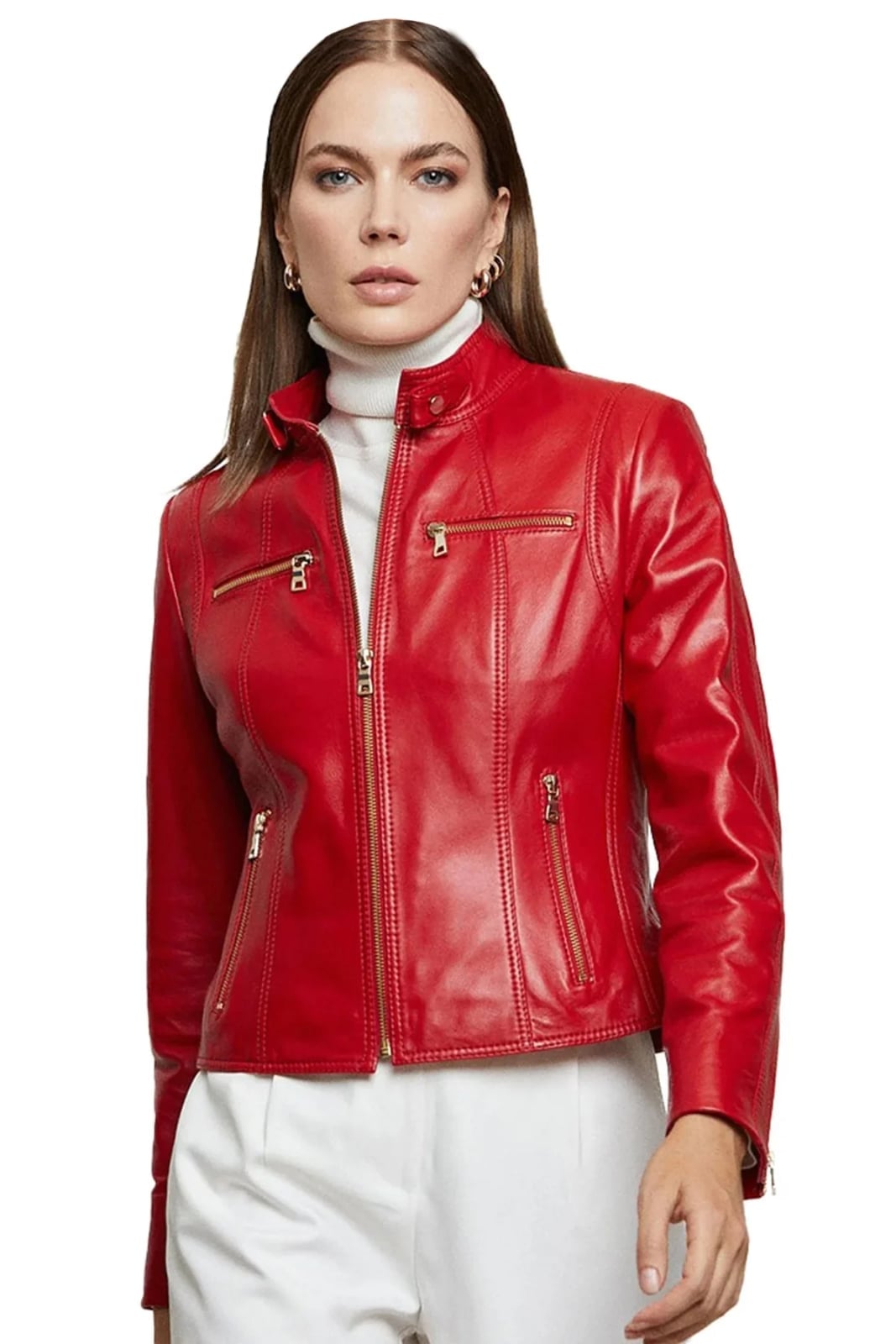 Red Leather Jacket with White Turtleneck and Gold Earrings Red Leather Jacket with White Turtleneck and Gold Earrings — Aesthetic Red Leather Jacket Outfit