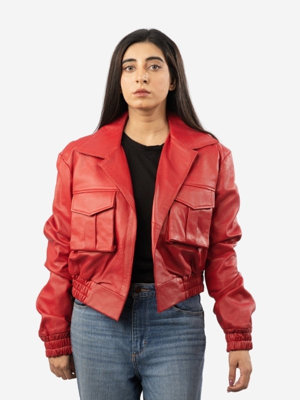 Red Leather Bomber Jacket with Pockets and Jeans Red Leather Bomber Jacket with Pockets and Jeans — Aesthetic Red Leather Jacket Outfit