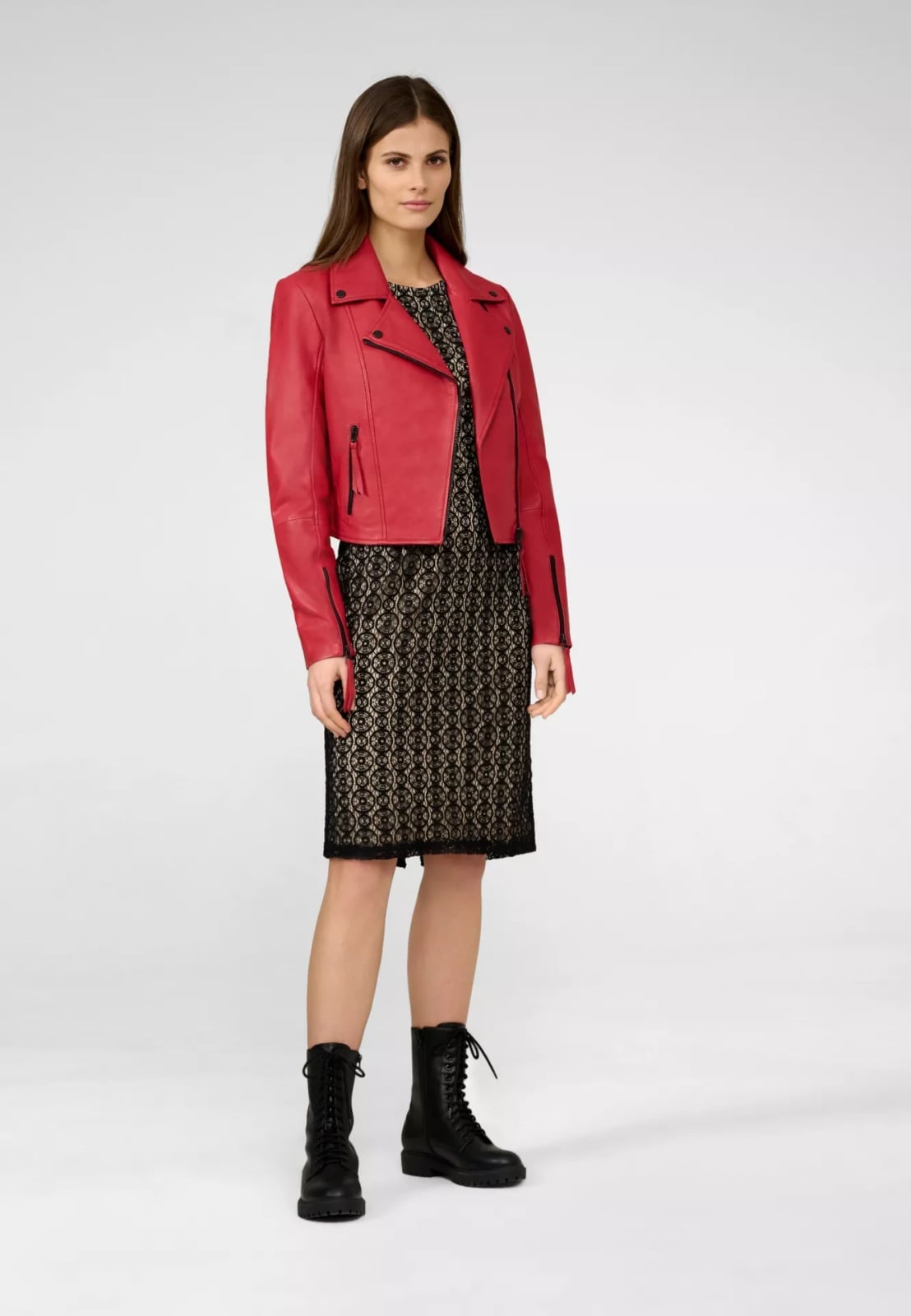 Red Leather Biker Jacket with Black Lace Dress Red Leather Biker Jacket with Black Lace Dress — Aesthetic Red Leather Jacket Outfit
