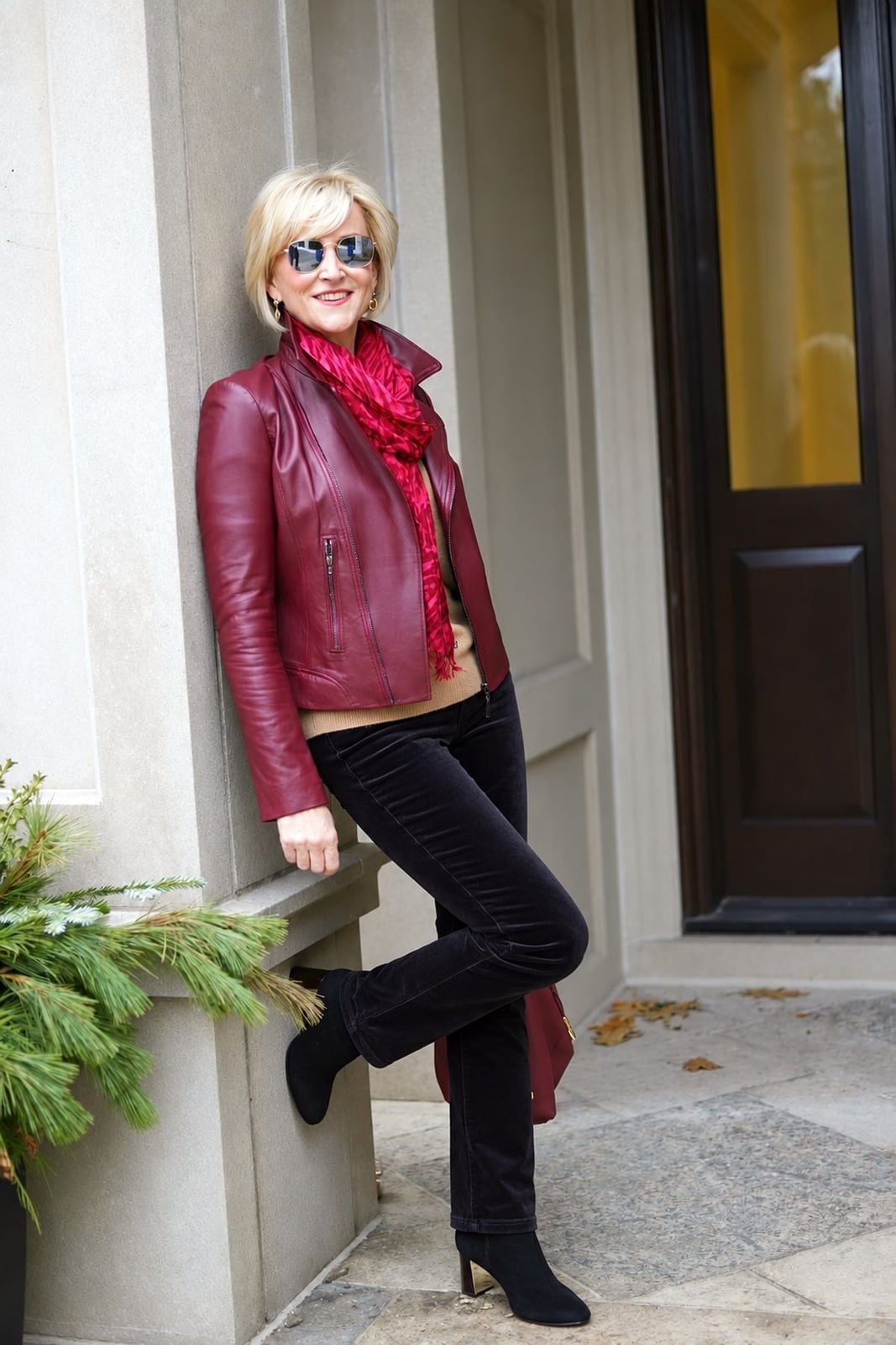Burgundy Leather Jacket with Red Scarf and Corduroy Pants Burgundy Leather Jacket with Red Scarf and Corduroy Pants — Aesthetic Red Leather Jacket Outfit