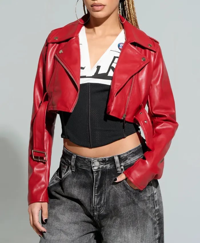 Cropped Red Leather Moto Jacket with Corset Top Cropped Red Leather Moto Jacket with Corset Top — Aesthetic Red Leather Jacket Outfit