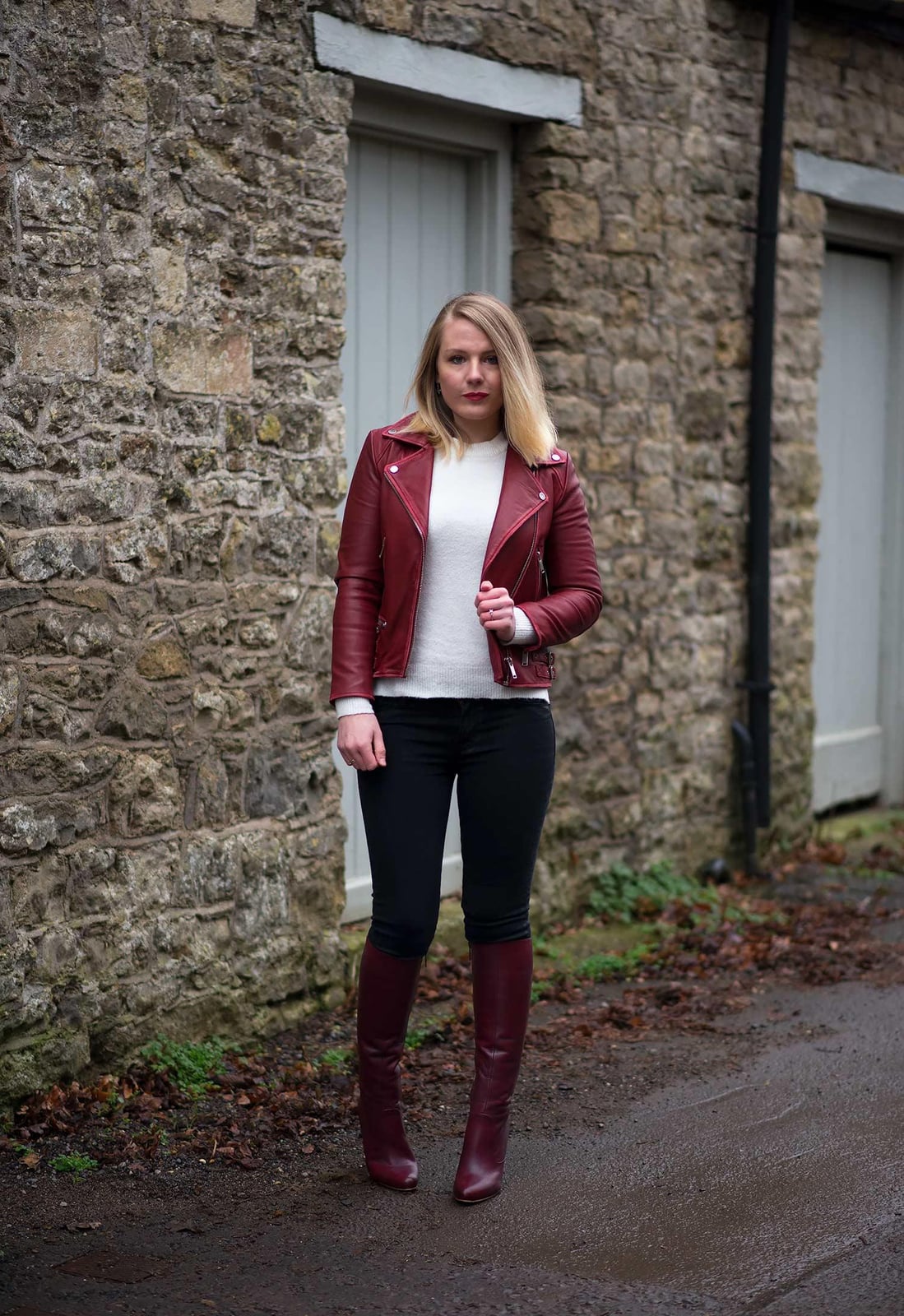 Red Leather Moto Jacket with Sweater and Knee-High Boots Red Leather Moto Jacket with Sweater and Knee-High Boots — Aesthetic Red Leather Jacket Outfit