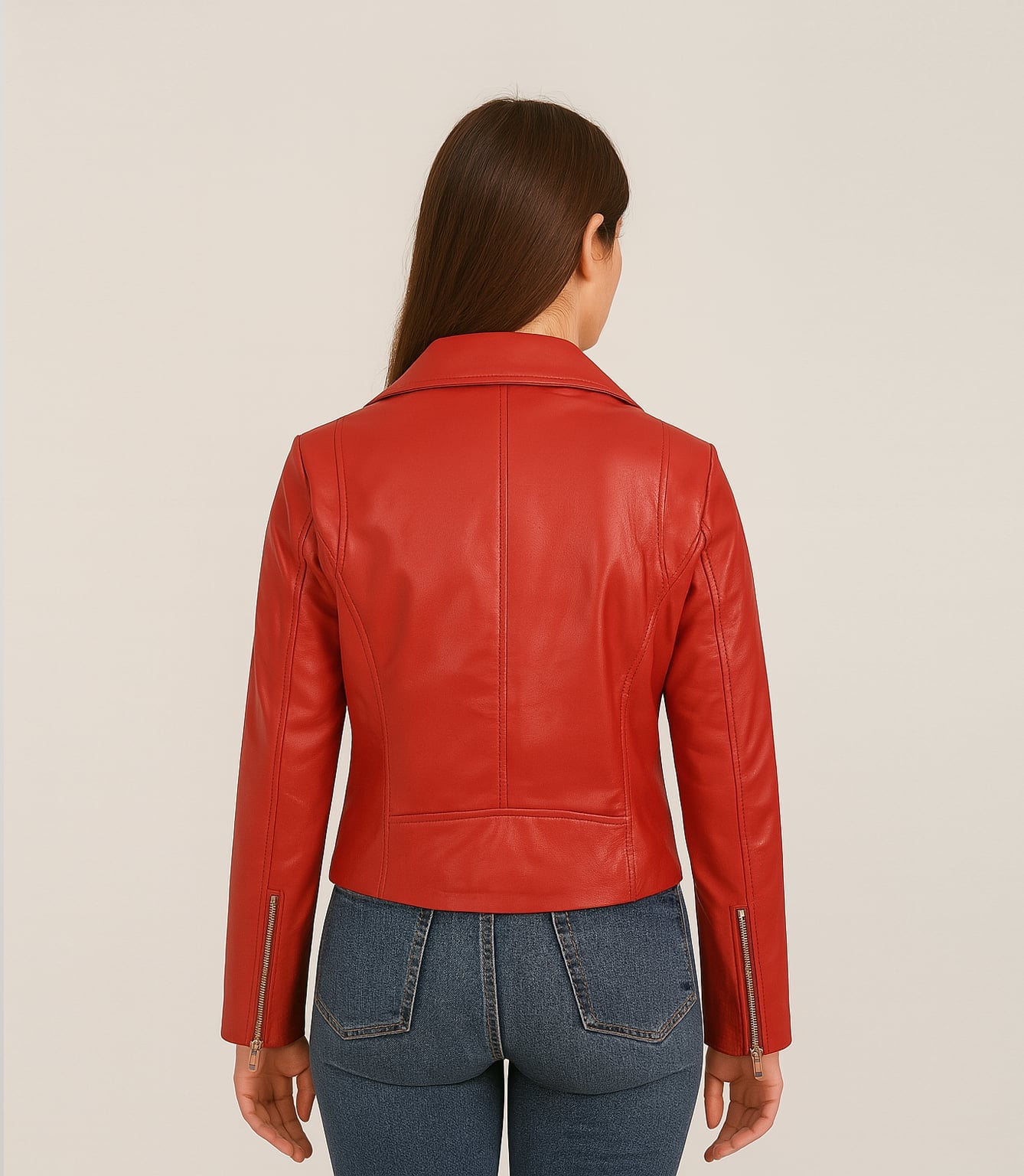 Fitted Red Leather Jacket with Zippered Cuffs and Jeans Fitted Red Leather Jacket with Zippered Cuffs and Jeans — Aesthetic Red Leather Jacket Outfit