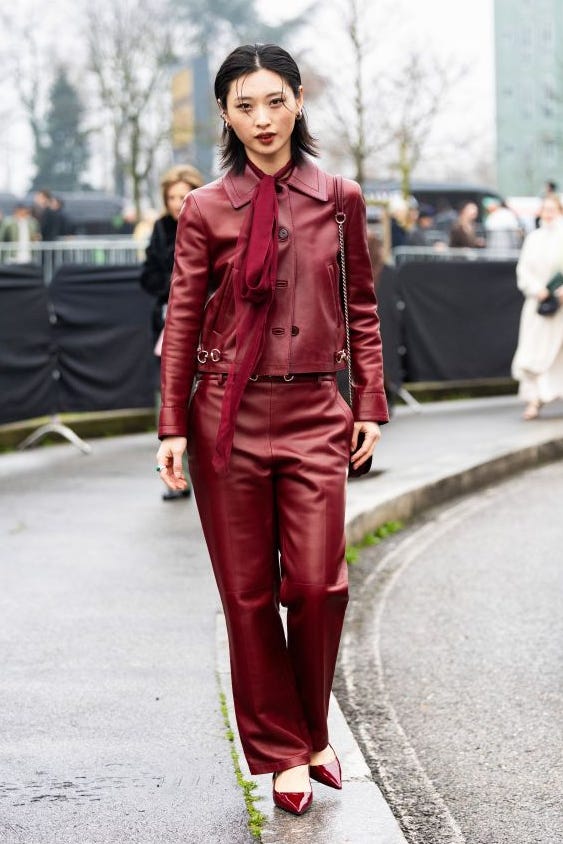 Monochromatic Red Leather Suit Monochromatic Red Leather Suit — Aesthetic Red Leather Jacket Outfit