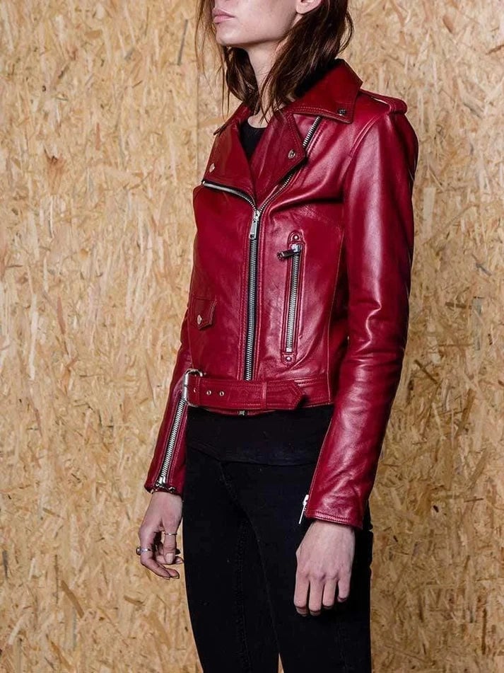 Fitted Red Leather Biker Jacket with Black Pants Fitted Red Leather Biker Jacket with Black Pants — Aesthetic Red Leather Jacket Outfit