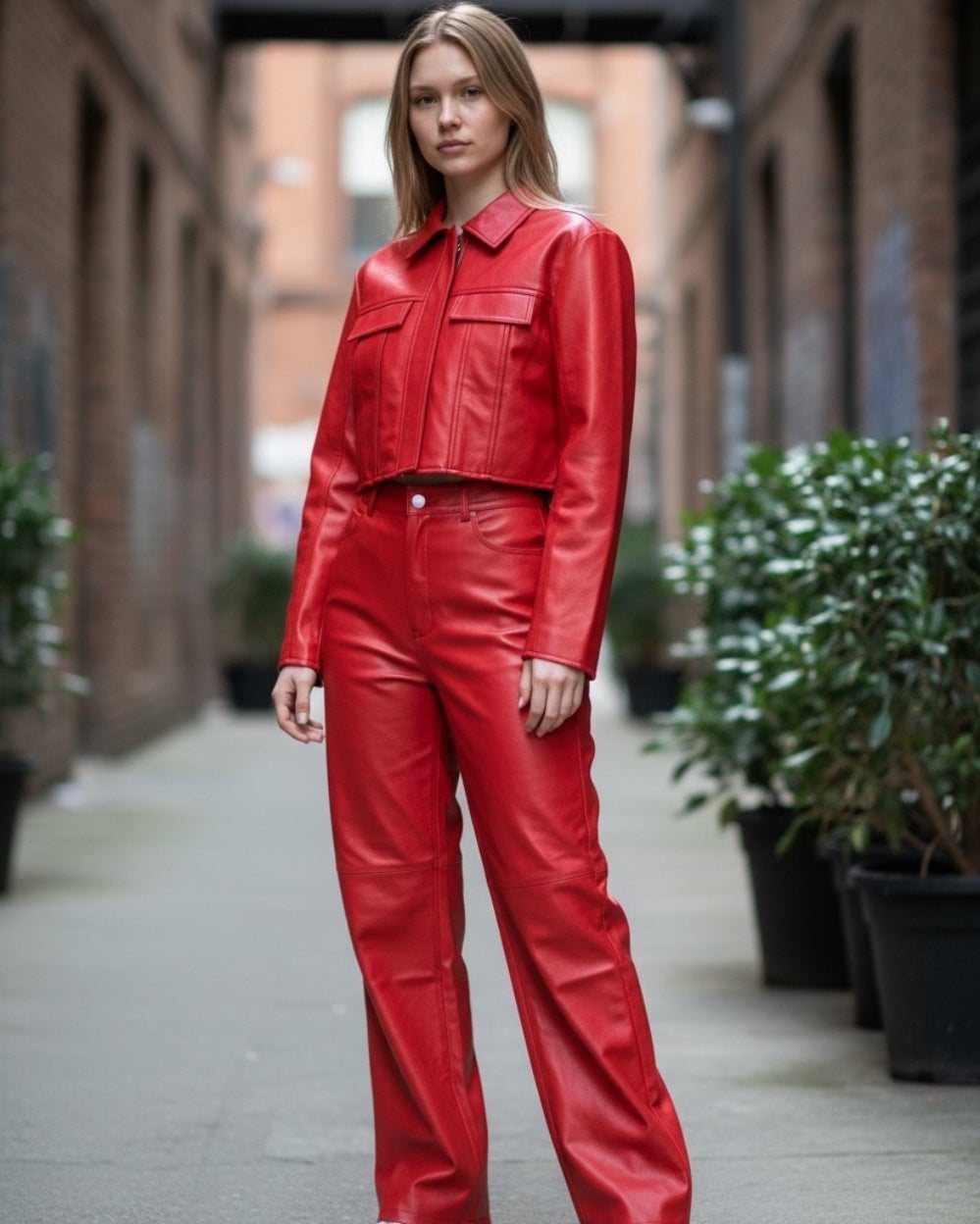 Coordinated Red Leather Set with Sneakers Coordinated Red Leather Set with Sneakers — Aesthetic Red Leather Jacket Outfit