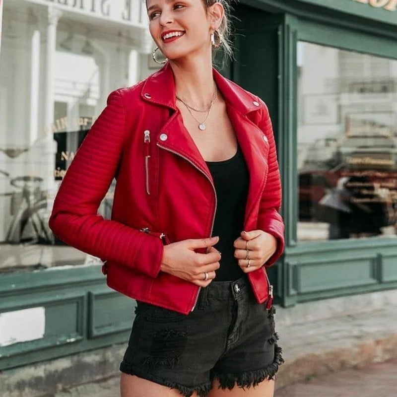 Red Leather Biker Jacket with Ripped Denim Shorts Red Leather Biker Jacket with Ripped Denim Shorts — Aesthetic Red Leather Jacket Outfit