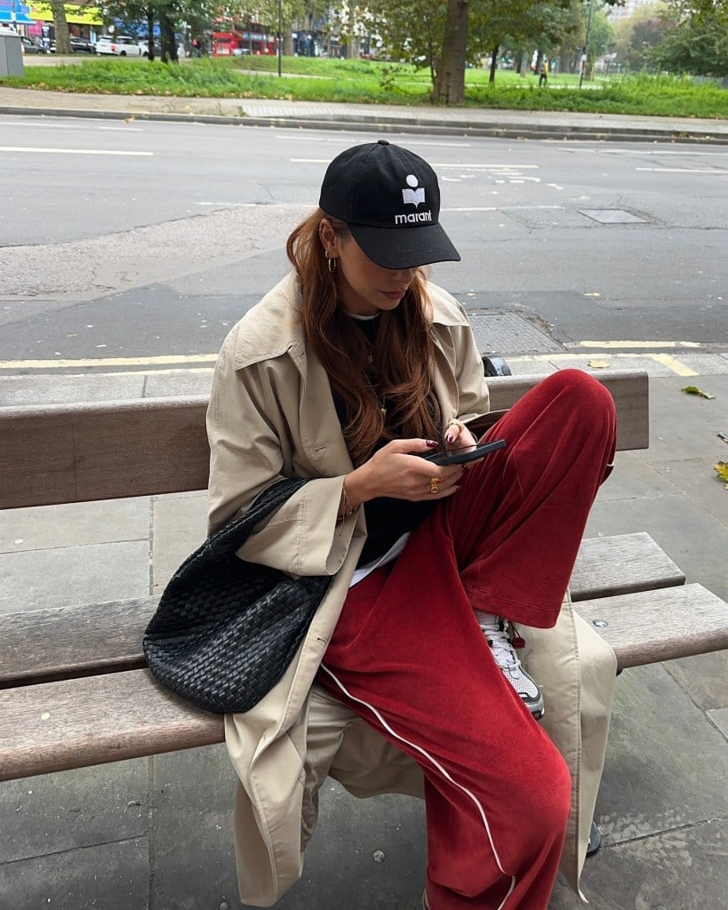 Red Velour Sweatpants With Trench Coat Red Velour Sweatpants With Trench Coat — Aesthetic Red Sweatpants Outfit