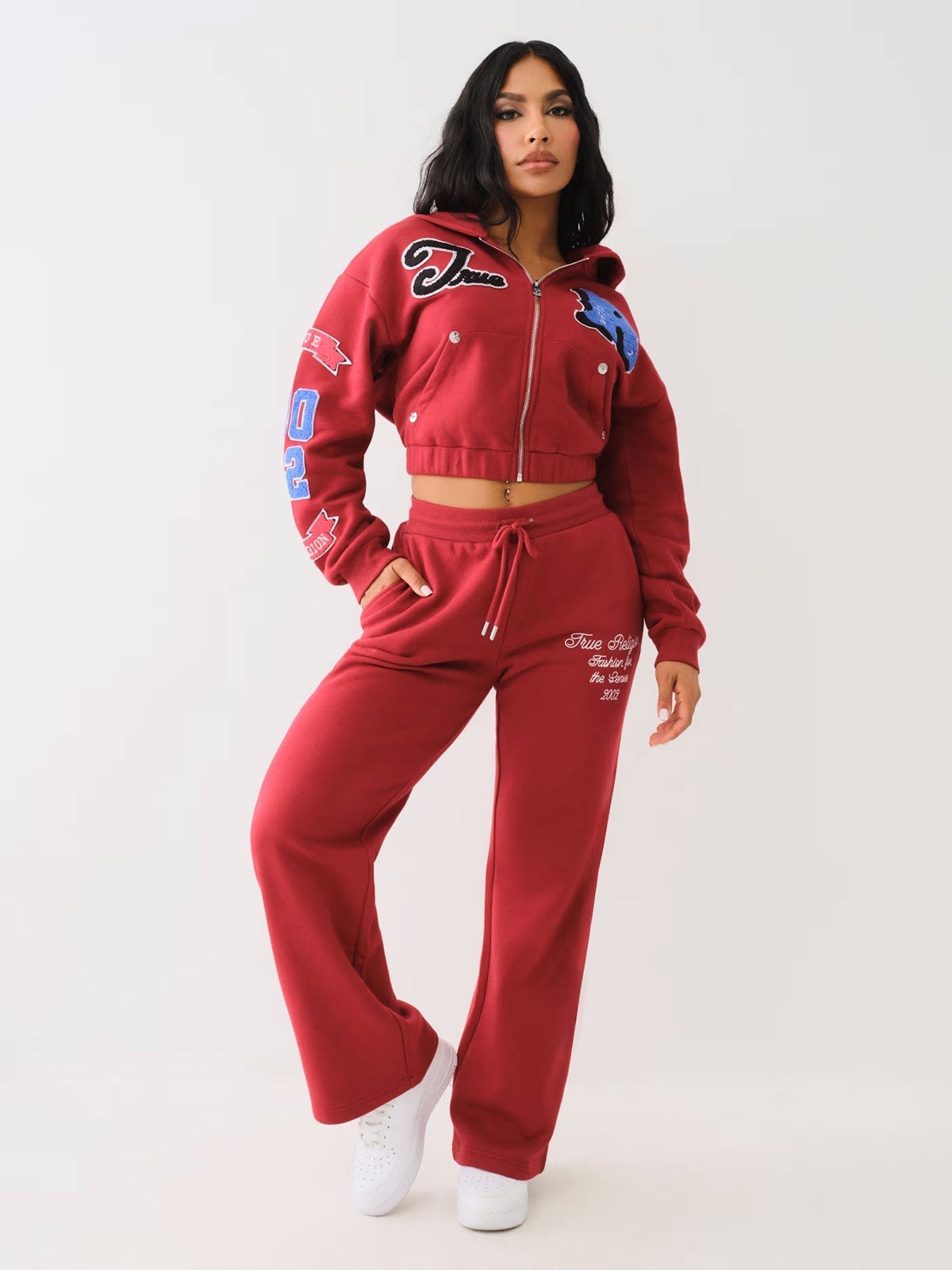 Embroidered Red Sweatpants With Belly Chain Embroidered Red Sweatpants With Belly Chain — Aesthetic Red Sweatpants Outfit