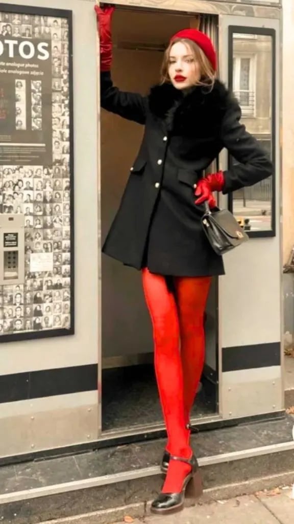 Monochromatic Red With Sheer Tights, Gloves, and Beret Monochromatic Red With Sheer Tights, Gloves, and Beret — Aesthetic Red Tights Outfit