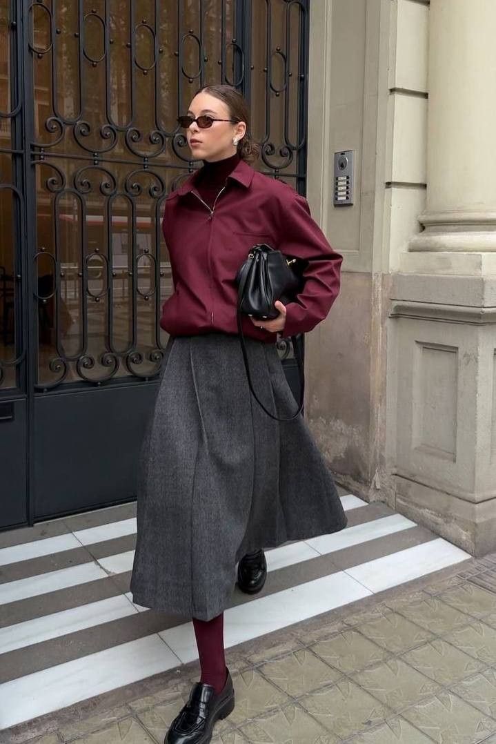 Burgundy Tights and Zip-Up Shirt With Midi Skirt Burgundy Tights and Zip-Up Shirt With Midi Skirt — Aesthetic Red Tights Outfit
