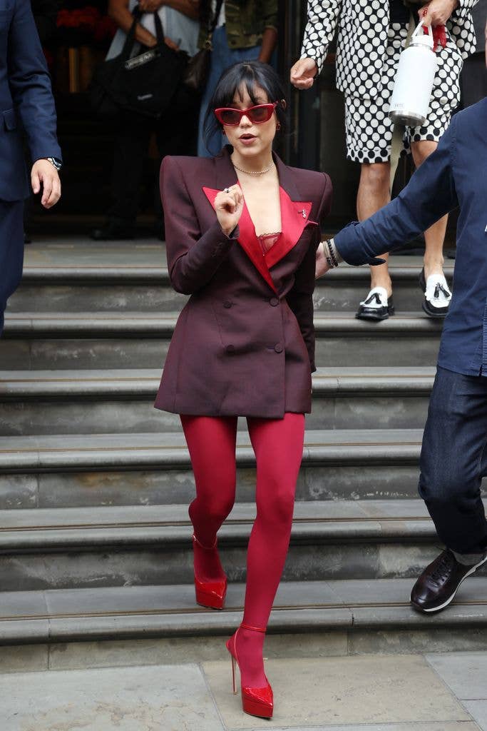 Vibrant Red Tights With Matching Camisole and Blazer Vibrant Red Tights With Matching Camisole and Blazer — Aesthetic Red Tights Outfit
