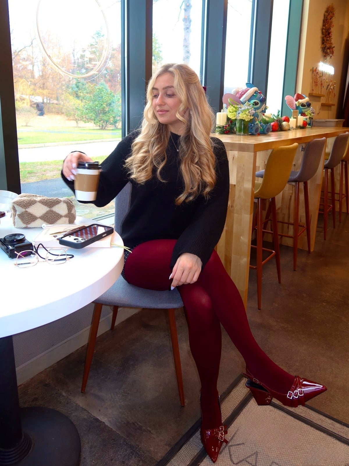 Burgundy Knit Tights With Black Sweater and Heels Burgundy Knit Tights With Black Sweater and Heels — Aesthetic Red Tights Outfit