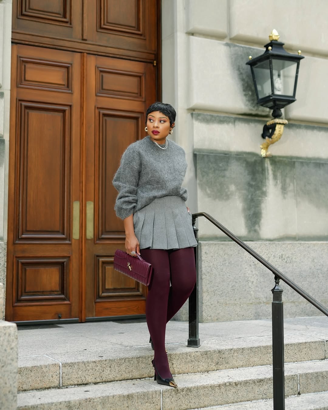 Burgundy Tights With Fluffy Sweater and Pleated, Everyday Version Burgundy Tights With Fluffy Sweater and Pleated, Everyday Version — Aesthetic Red Tights Outfit