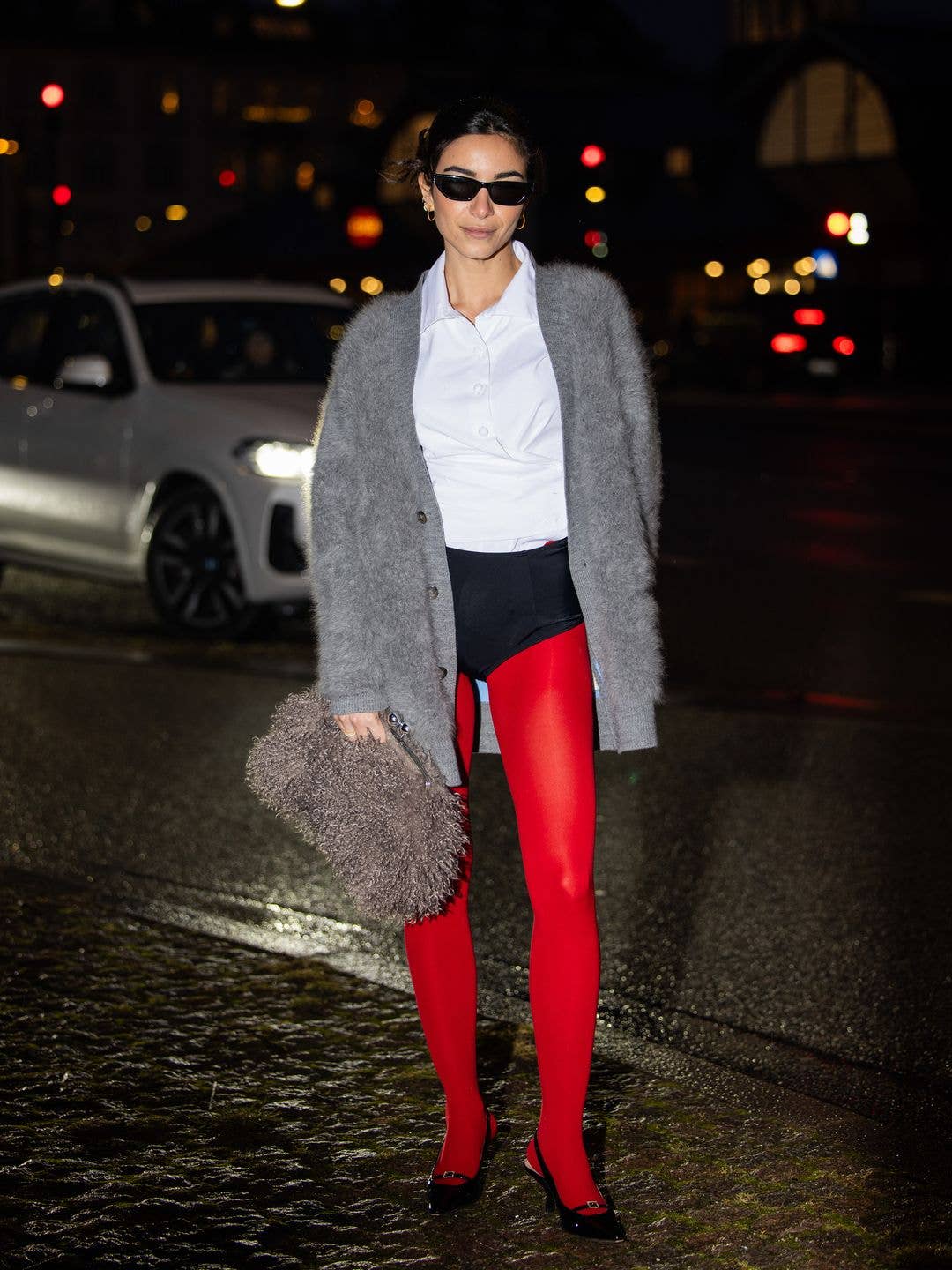 Bright Red Opaque Tights With Fluffy Cardigan and Black Heels Bright Red Opaque Tights With Fluffy Cardigan and Black Heels — Aesthetic Red Tights Outfit