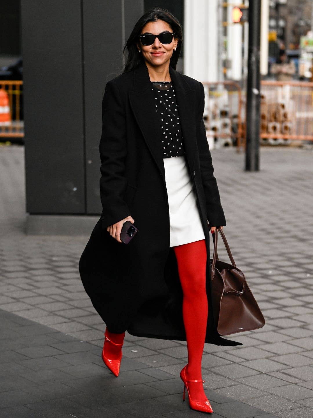Bright Red Tights With Polka Dot Top and Mini Skirt Bright Red Tights With Polka Dot Top and Mini Skirt — Aesthetic Red Tights Outfit