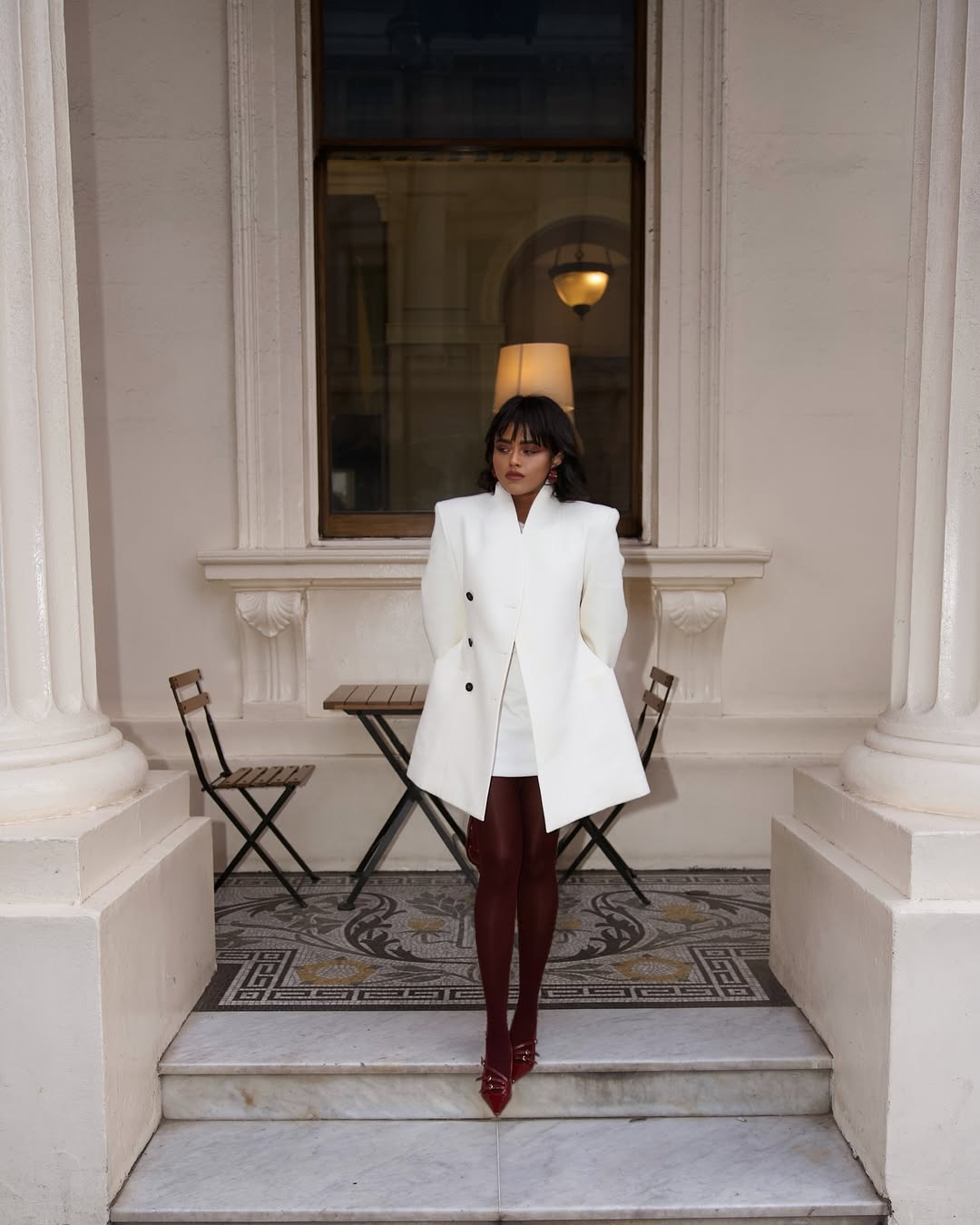 Burgundy Sheer Tights With White Blazer and Fitted Dress Burgundy Sheer Tights With White Blazer and Fitted Dress — Aesthetic Red Tights Outfit