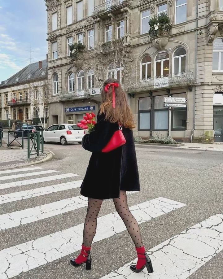 Heart Pattern Tights With Red Boots and Handbag Heart Pattern Tights With Red Boots and Handbag — Aesthetic Red Tights Outfit