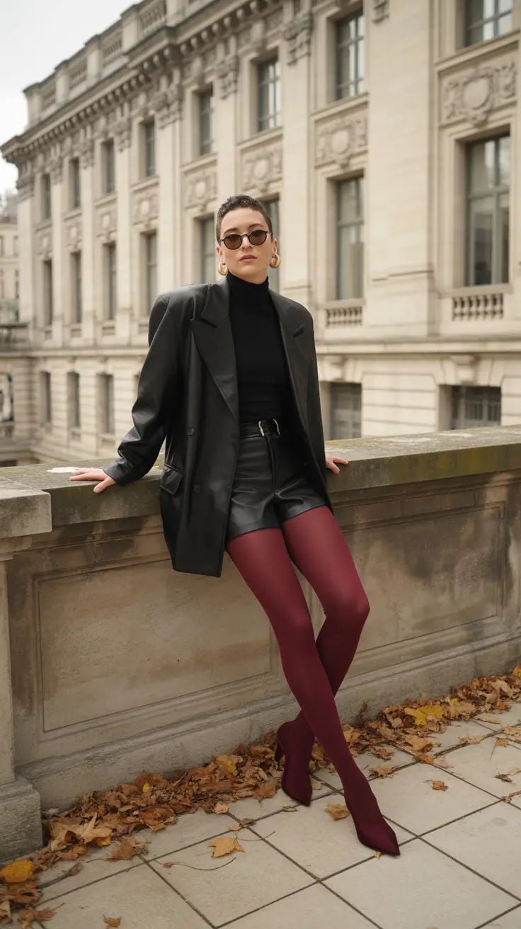 Burgundy Opaque Tights With Leather Shorts and Blazer Burgundy Opaque Tights With Leather Shorts and Blazer — Aesthetic Red Tights Outfit
