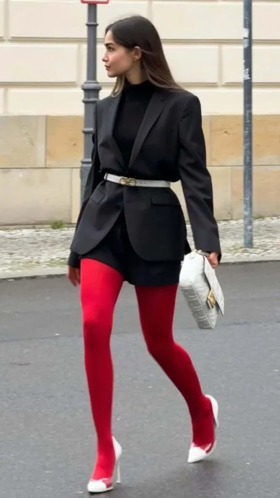 Tailored Shorts and Blazer With Bold Red Tights Tailored Shorts and Blazer With Bold Red Tights — Aesthetic Red Tights Outfit