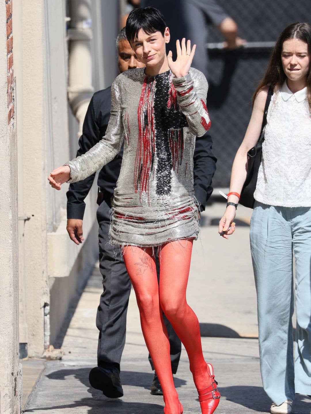Sparkly Mini Dress With Bright Red Tights Sparkly Mini Dress With Bright Red Tights — Aesthetic Red Tights Outfit
