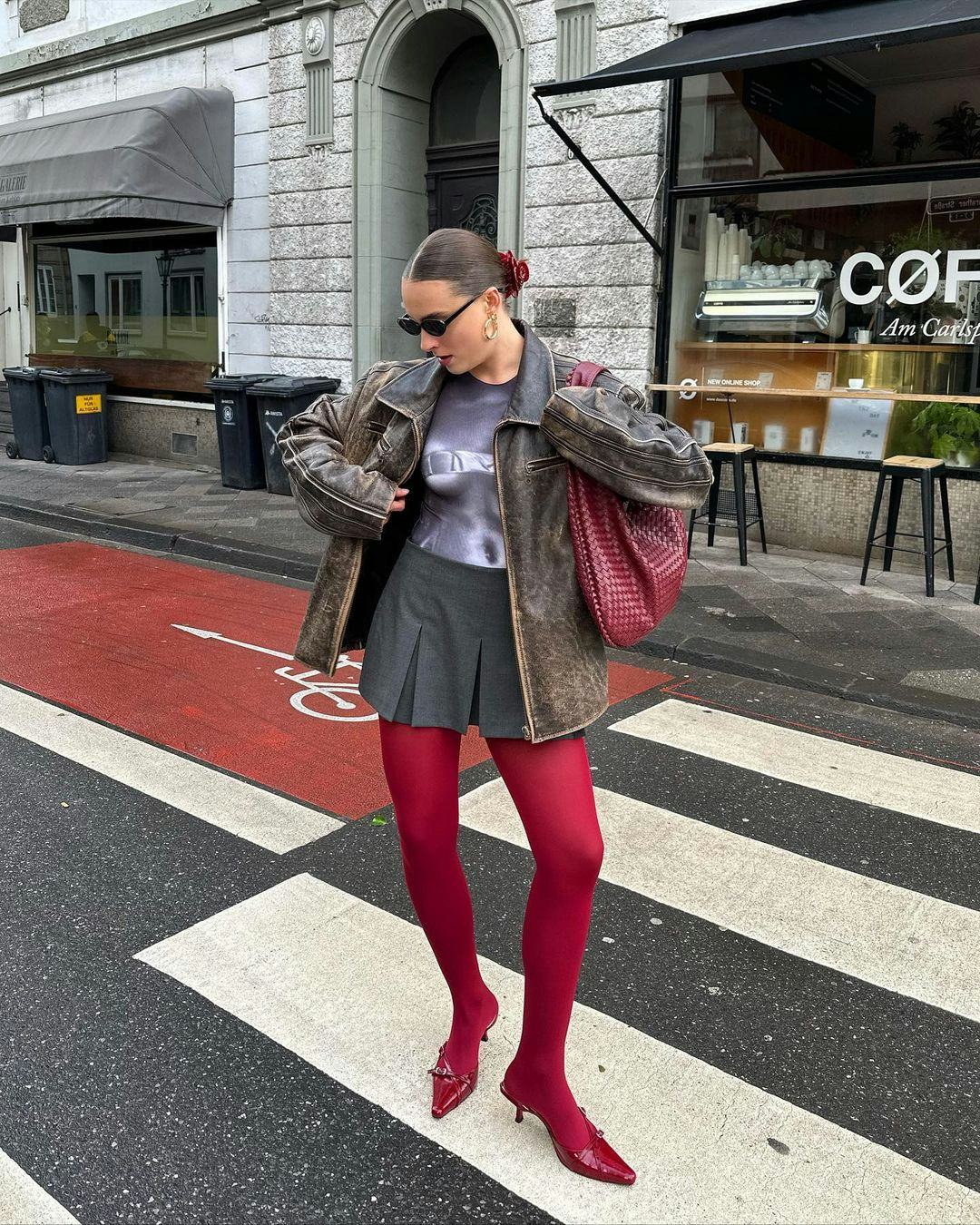 Sheer Red Tights With Pleated Mini Skirt and Leather Jacket Sheer Red Tights With Pleated Mini Skirt and Leather Jacket — Aesthetic Red Tights Outfit