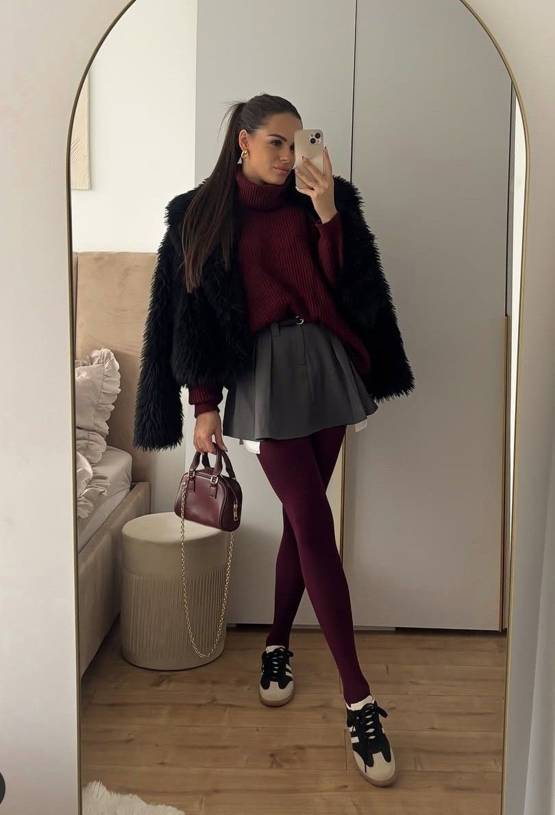 Burgundy Tights and Sweater With Pleated Skirt and White Shirt Burgundy Tights and Sweater With Pleated Skirt and White Shirt — Aesthetic Red Tights Outfit
