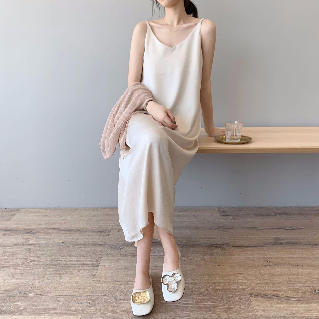 Cream Satin Slip Dress with Knit Cardigan, Close-Up Take Cream Satin Slip Dress with Knit Cardigan, Close-Up Take — Aesthetic Satin Dresses