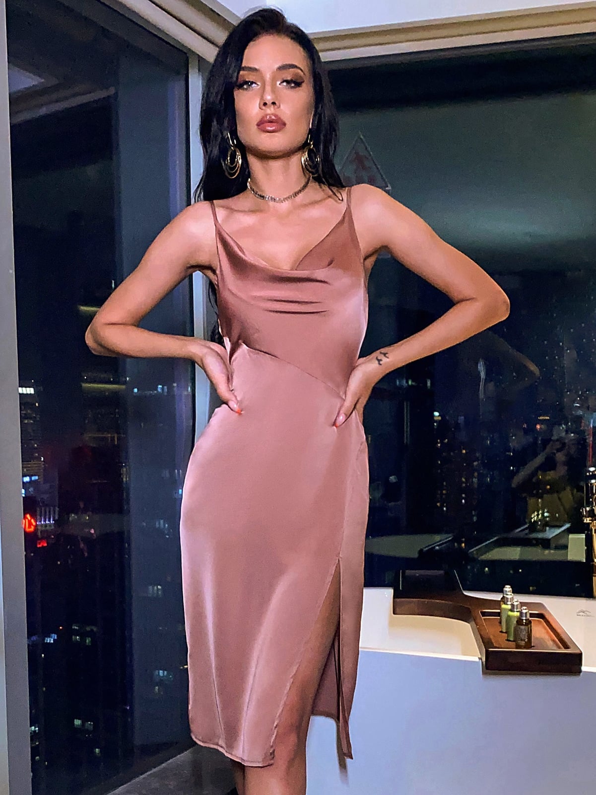 Dusty Rose Satin Slip Dress with High Slit Dusty Rose Satin Slip Dress with High Slit — Aesthetic Satin Dresses