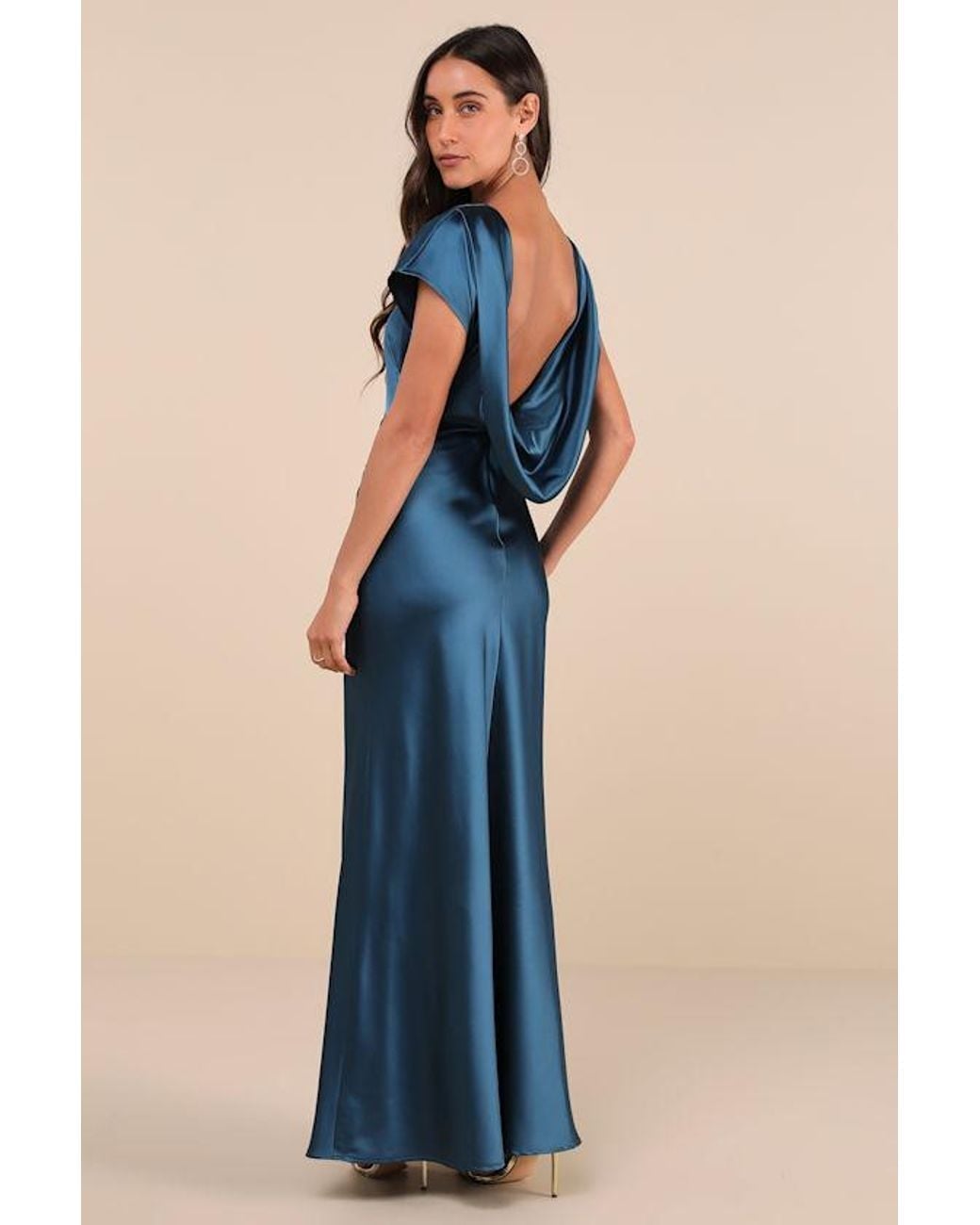 Dark Blue Satin Maxi Dress with Draped Back Dark Blue Satin Maxi Dress with Draped Back — Aesthetic Satin Dresses
