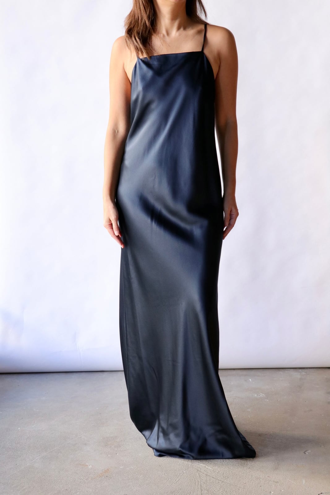 Dark Blue Satin Slip Dress with Liquid Drape Dark Blue Satin Slip Dress with Liquid Drape — Aesthetic Satin Dresses