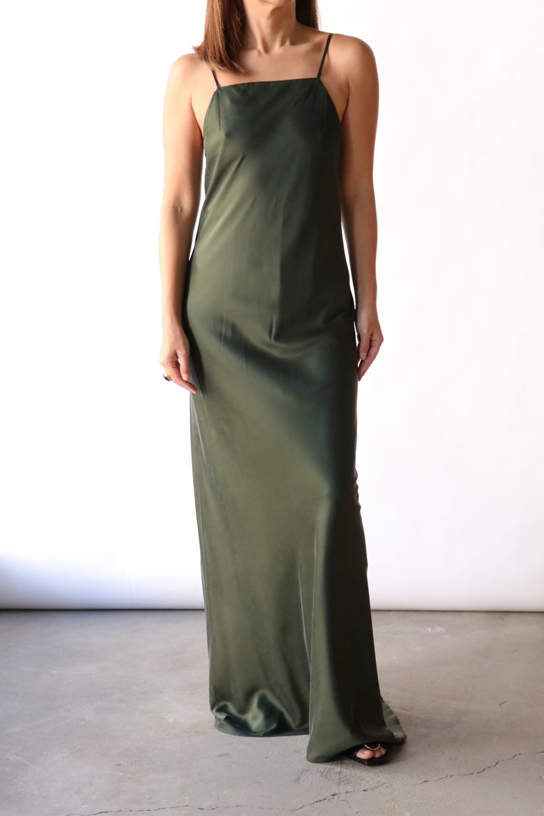 Olive Green Satin Slip Dress with Scoop Back Olive Green Satin Slip Dress with Scoop Back — Aesthetic Satin Dresses