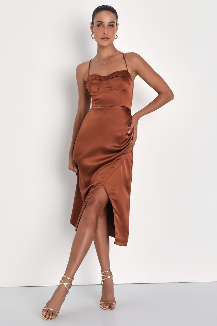 Bronze Satin Midi Dress with Bustier Top Bronze Satin Midi Dress with Bustier Top — Aesthetic Satin Dresses