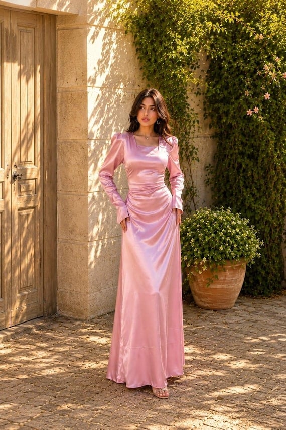 Blush Pink Satin Maxi Dress with Ruched Bodice Blush Pink Satin Maxi Dress with Ruched Bodice — Aesthetic Satin Dresses