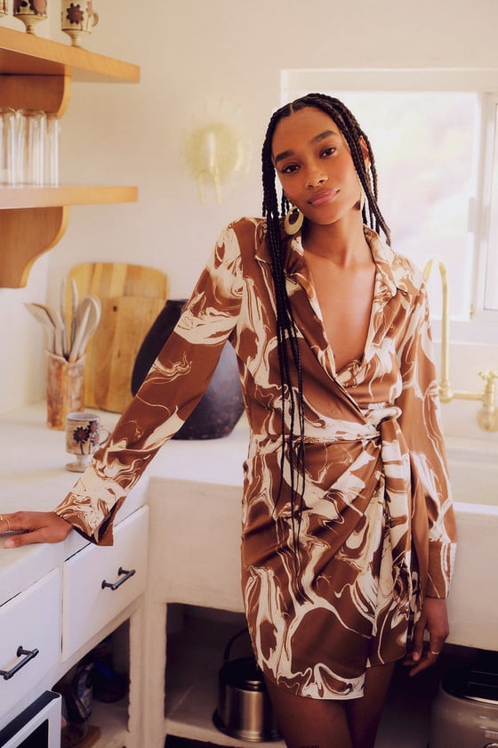 Brown and Cream Swirl Print Satin Wrap Dress Brown and Cream Swirl Print Satin Wrap Dress — Aesthetic Satin Dresses