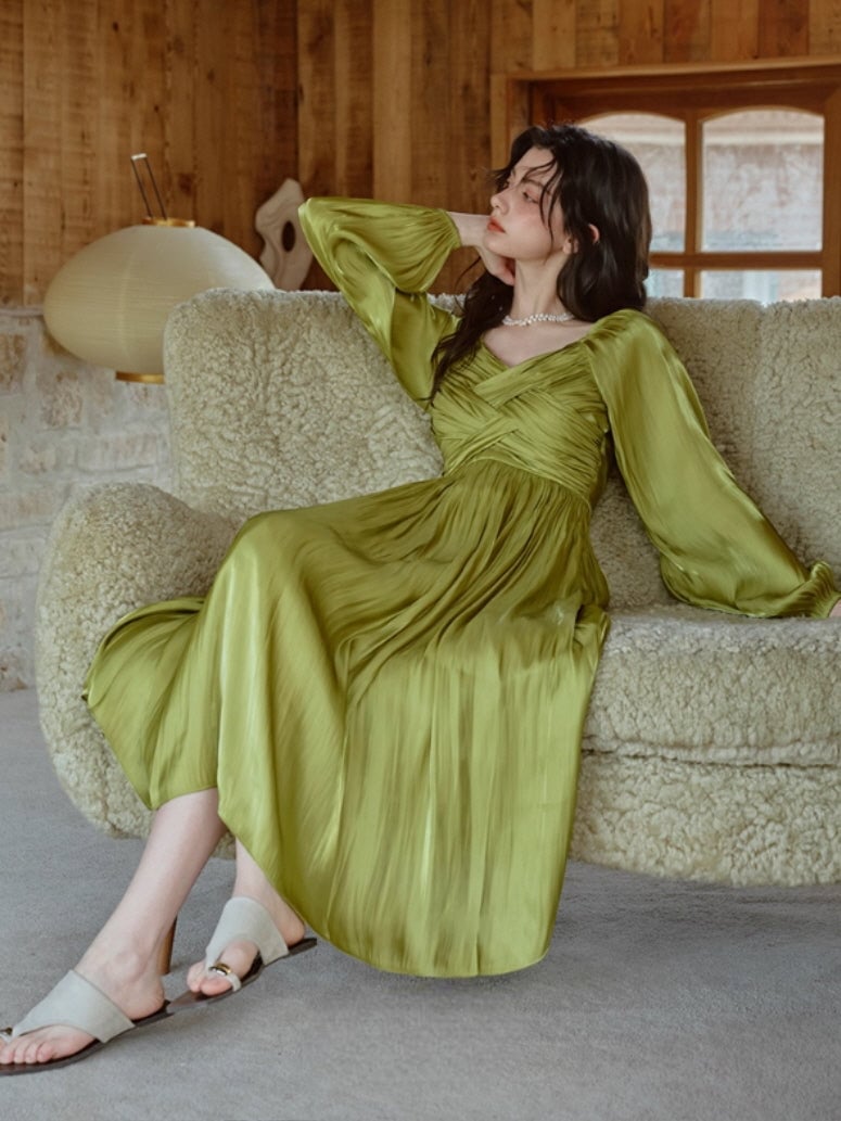 Olive Green Satin Midi Dress with Ruched Bodice Olive Green Satin Midi Dress with Ruched Bodice — Aesthetic Satin Dresses