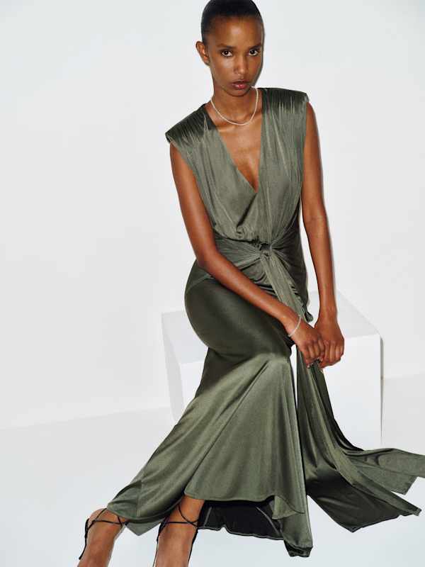 Olive Green Satin Dress with Knot Detail Olive Green Satin Dress with Knot Detail — Aesthetic Satin Dresses