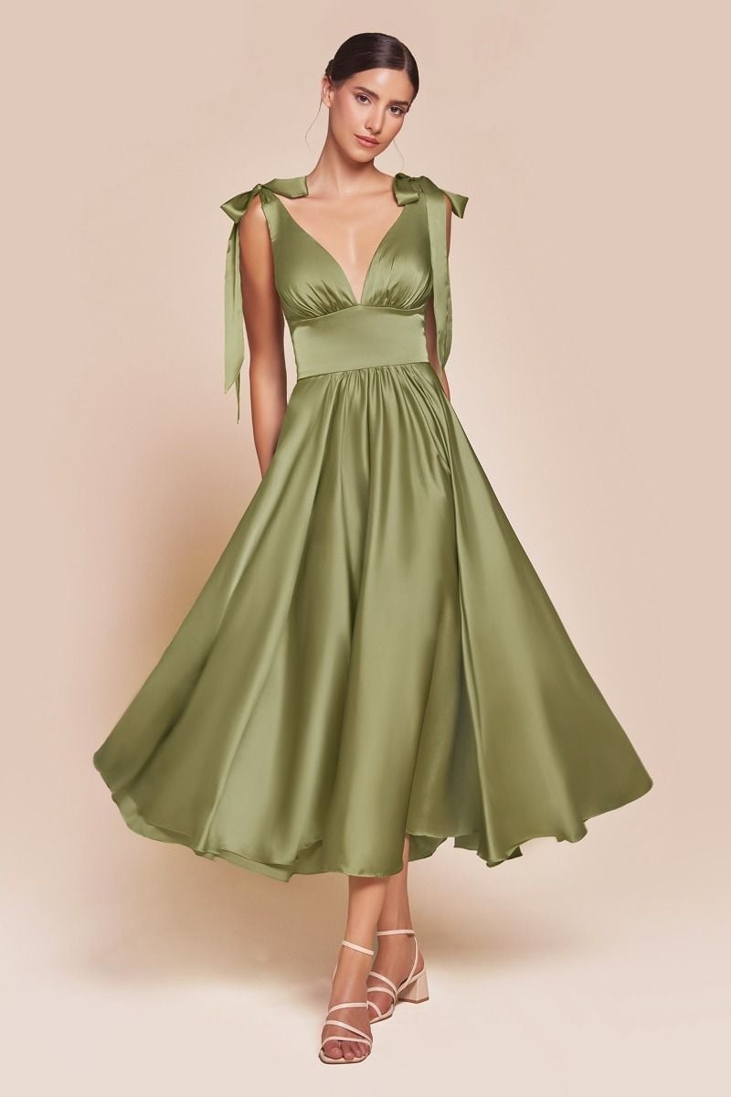 Olive Green Satin Midi Dress with Bow Detail, Close-Up Take Olive Green Satin Midi Dress with Bow Detail, Close-Up Take — Aesthetic Satin Dresses