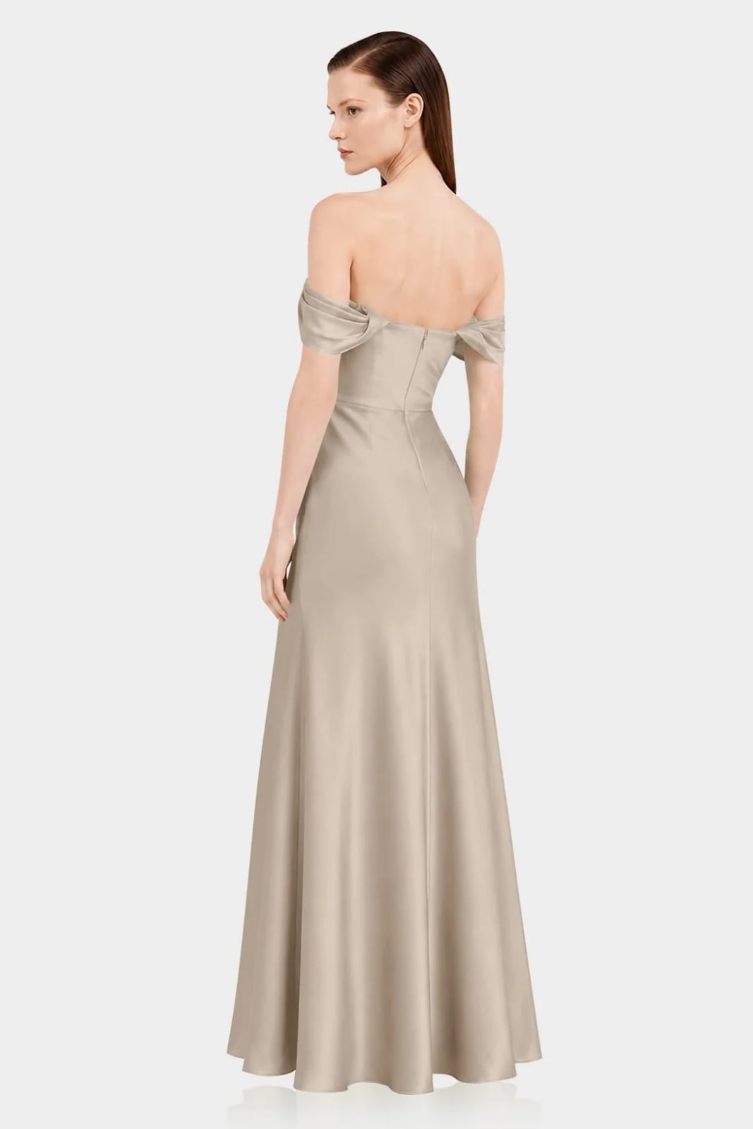 Champagne Satin Gown with Off-The-Shoulder Neckline, Close-Up Take Champagne Satin Gown with Off-The-Shoulder Neckline, Close-Up Take — Aesthetic Satin Dresses