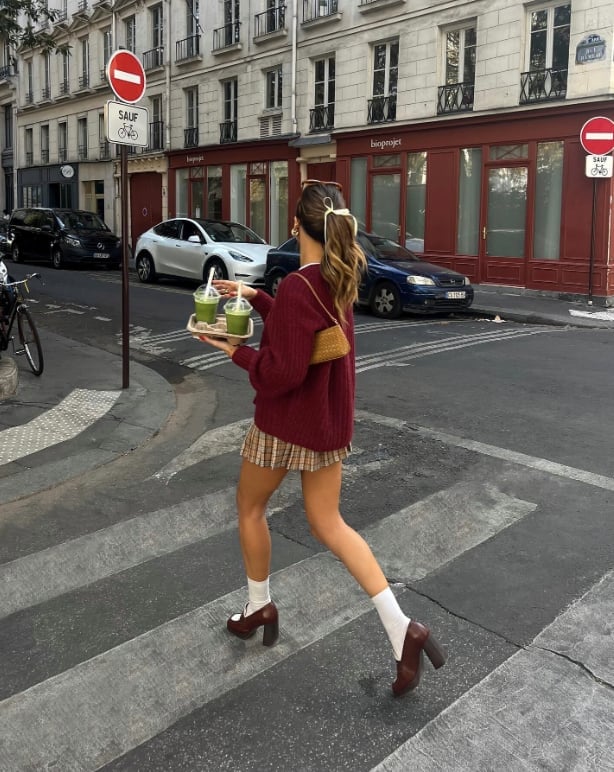 Burgundy Sweater Over Plaid Mini Skirt with White Socks Burgundy Sweater Over Plaid Mini Skirt with White Socks — Aesthetic Style Inspo