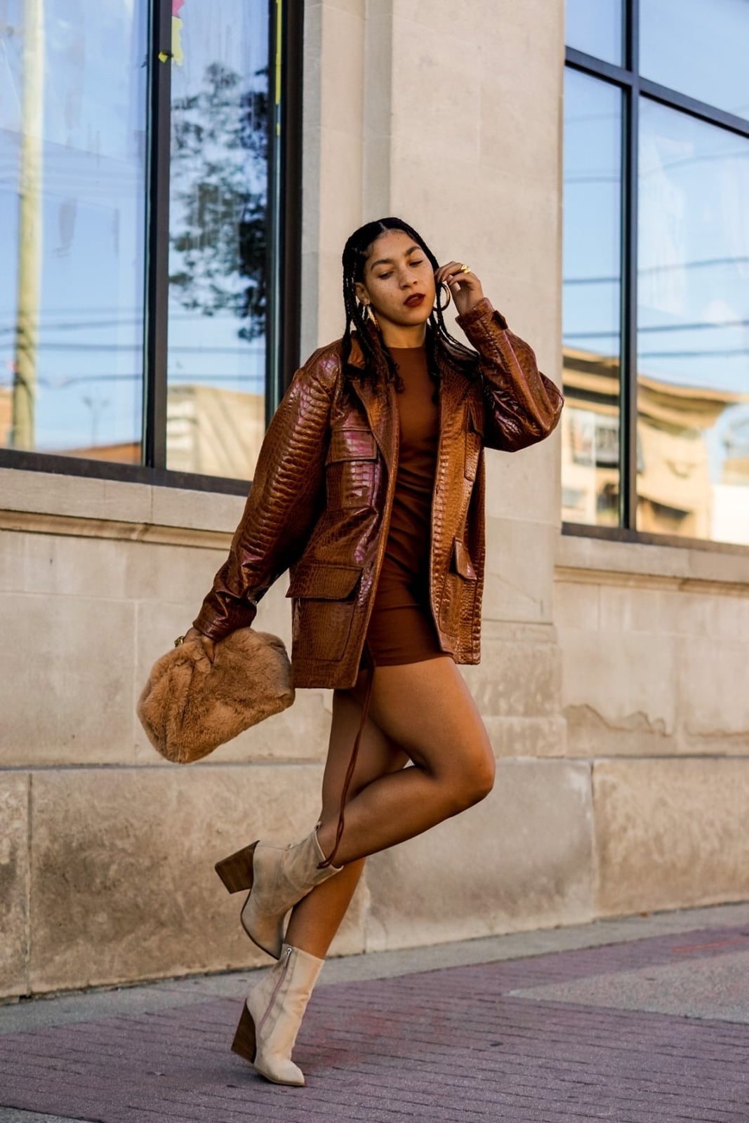 Brown Mini Dress with Croc-Effect Blazer Brown Mini Dress with Croc-Effect Blazer — Aesthetic Style Inspo