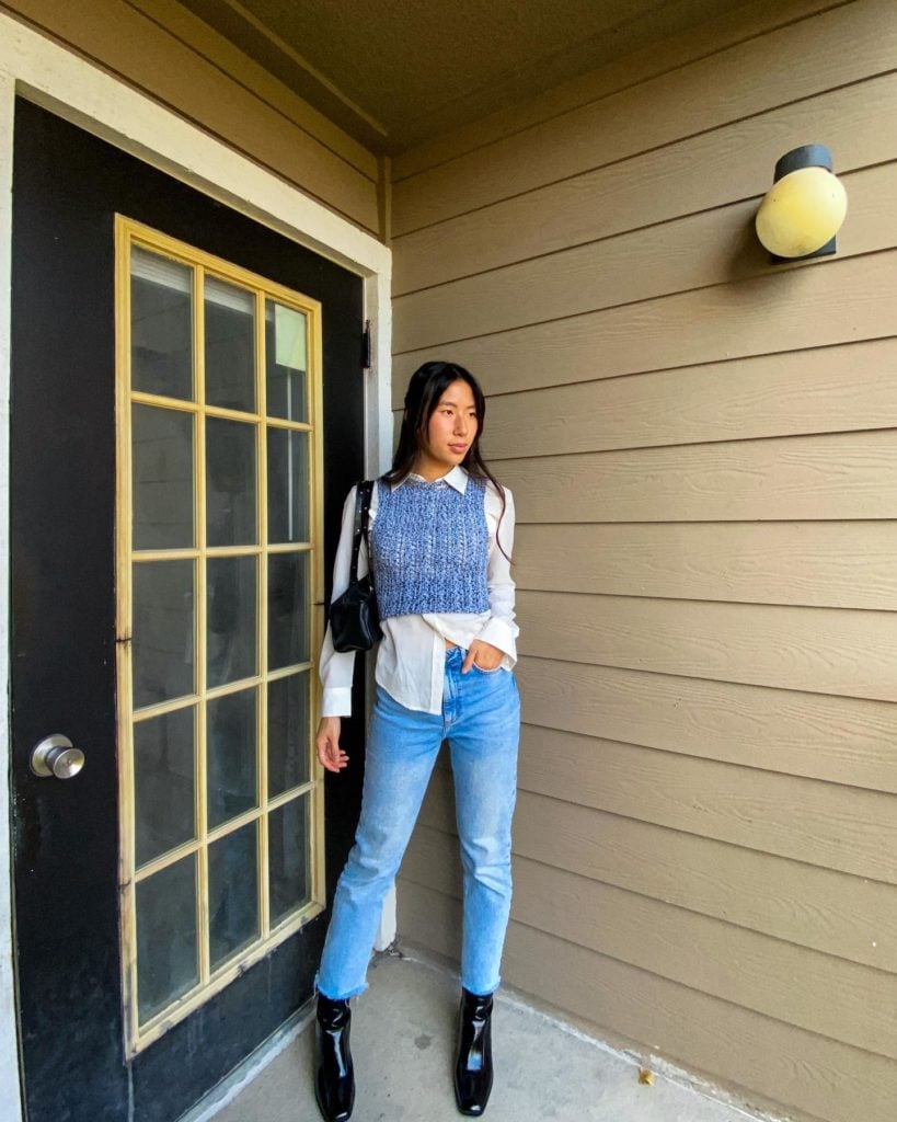 White Shirt with Blue Knitted Vest and Straight-Leg Jeans White Shirt with Blue Knitted Vest and Straight-Leg Jeans — Aesthetic Style Inspo