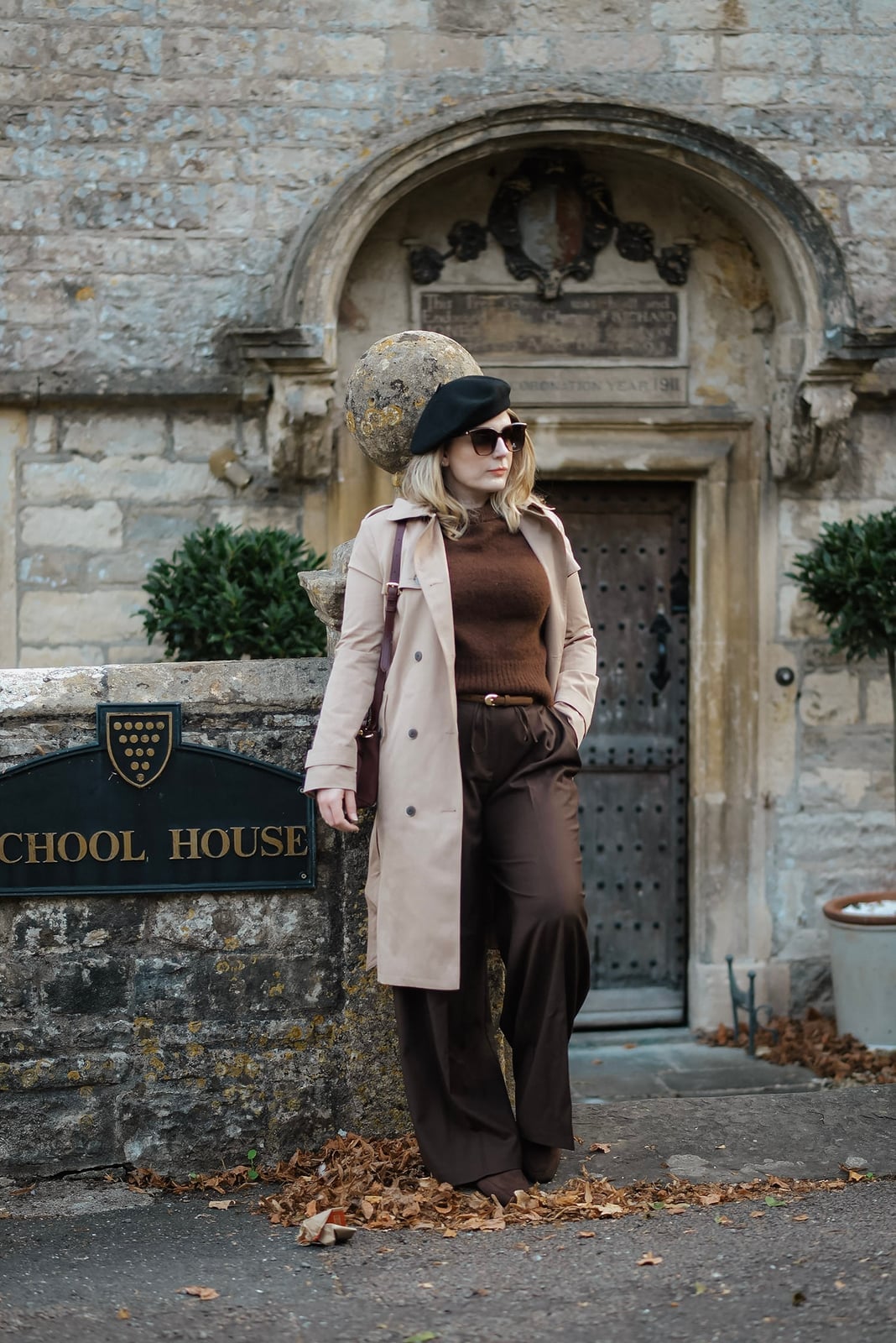 Brown Sweater and Trousers with Beige Trench Coat and Beret Brown Sweater and Trousers with Beige Trench Coat and Beret — Aesthetic Style Inspo