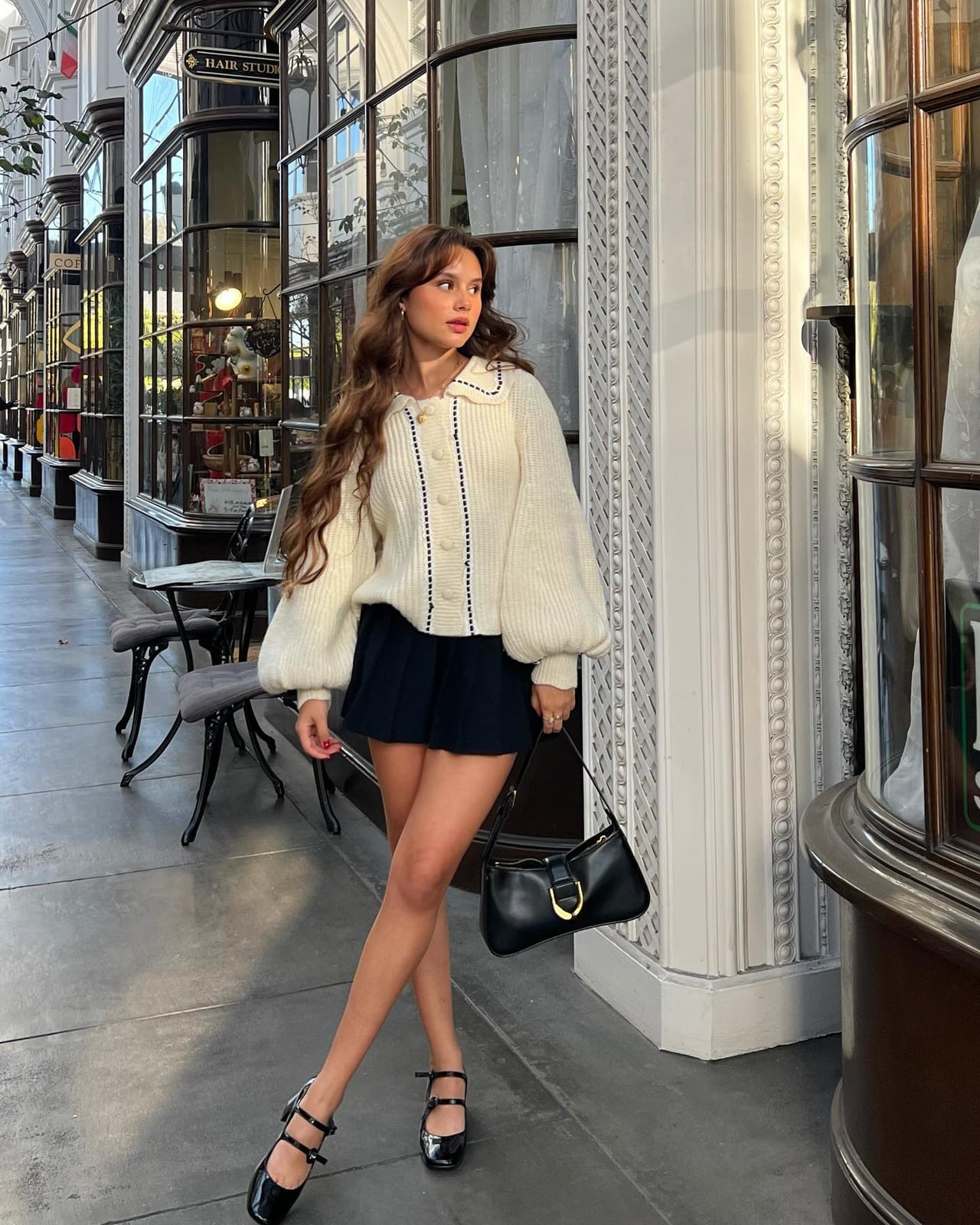 Cream Cardigan with Navy Trim and Navy Mini Skirt Cream Cardigan with Navy Trim and Navy Mini Skirt — Aesthetic Style Inspo