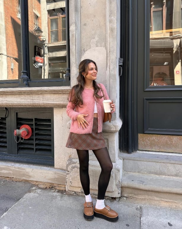 Pink Cardigan Over Crop Top and Plaid Mini Skirt Pink Cardigan Over Crop Top and Plaid Mini Skirt — Aesthetic Style Inspo