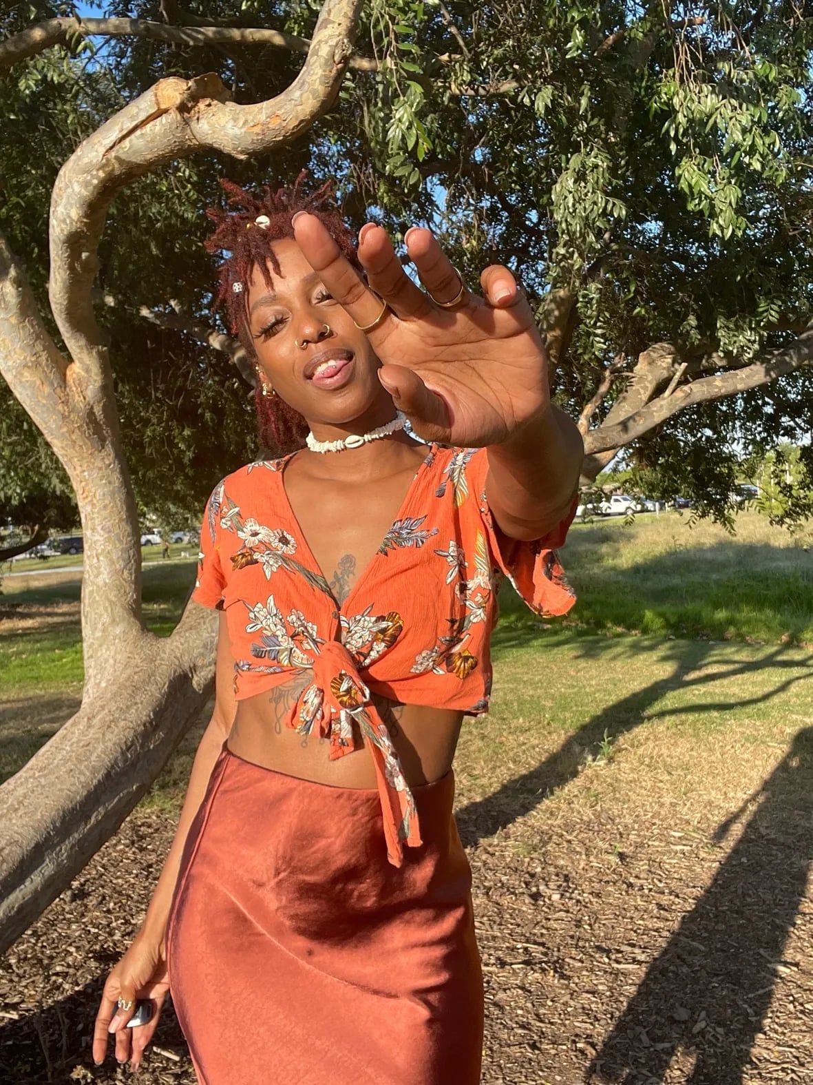 Floral Print Tie-Front Crop Top with Rust Satin Midi Skirt Floral Print Tie-Front Crop Top with Rust Satin Midi Skirt — Aesthetic Style Inspo