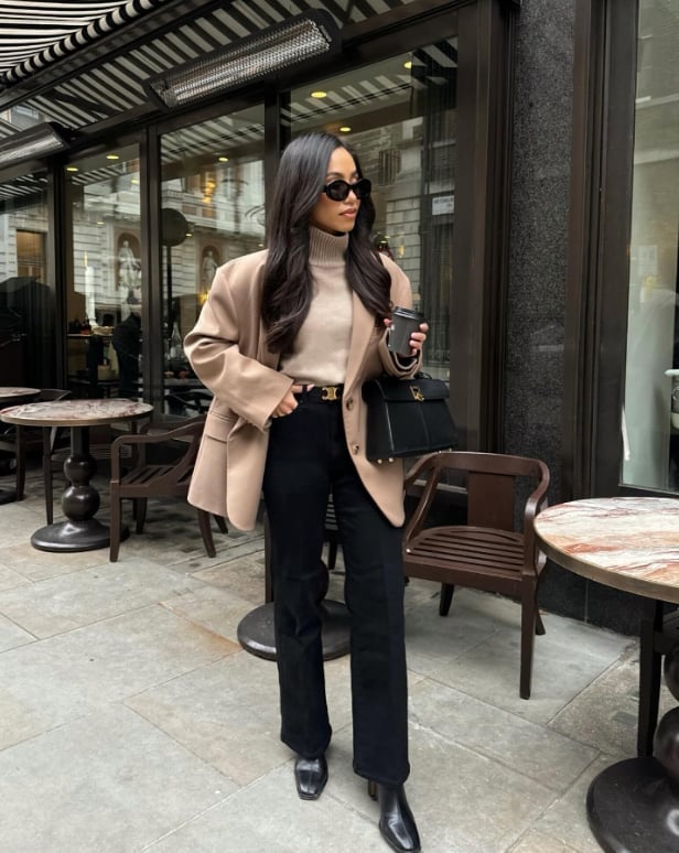Beige Blazer Over Turtleneck with Black Trousers Beige Blazer Over Turtleneck with Black Trousers — Aesthetic Style Inspo
